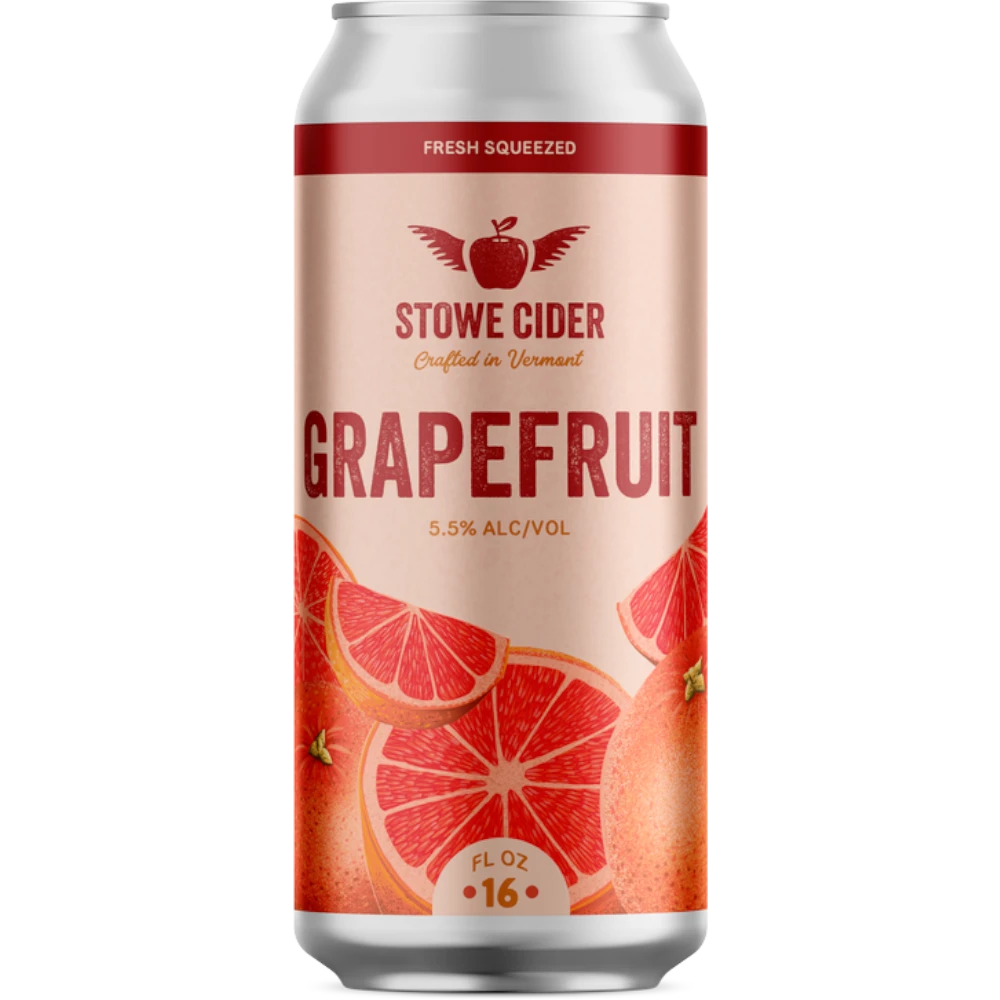 Stowe Cider semi-dry grapefruit cider can, 5.5% ABV, 16 fl oz. Features pink grapefruit slices and the Stowe Cider logo.