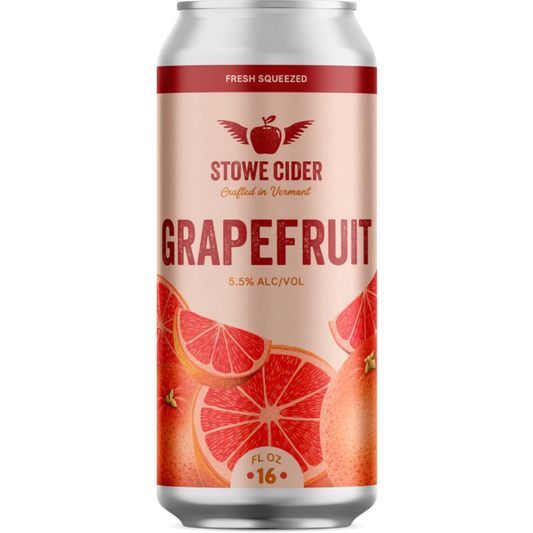 Stowe Cider semi-dry grapefruit cider can, 5.5% ABV, 16 fl oz. Features pink grapefruit slices and the Stowe Cider logo.