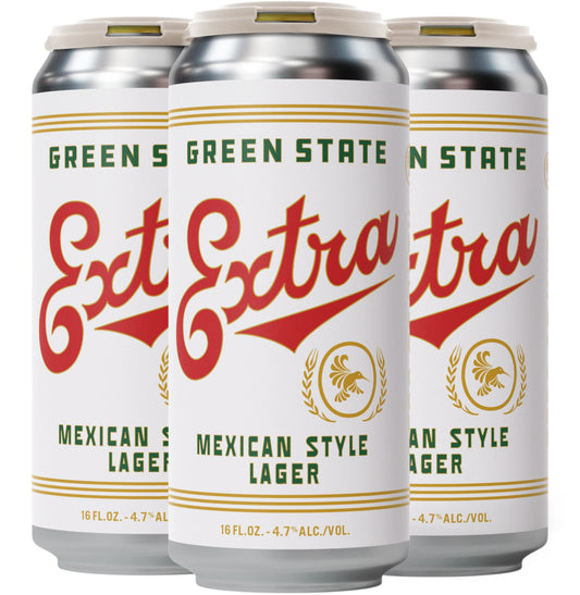 Stowe Public House & Bottle Shop Green State Extra Mexican Lager cans. Crisp, refreshing lager with a hint of sweetness.