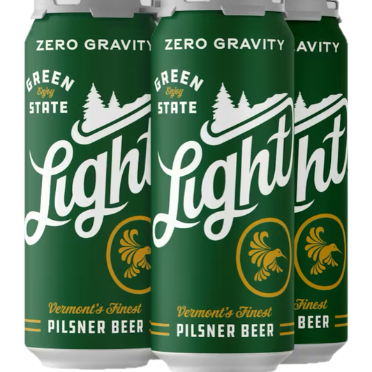 Stowe Public House & Bottle Shop Green State Light lager cans. Crisp, clean, light lager with green and gold design.