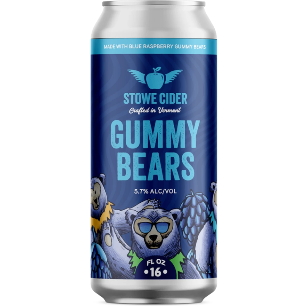 Stowe Cider Gummy Bears dry cider infused with blue raspberry gummy bears, 5.7% ABV, 16 fl oz can.