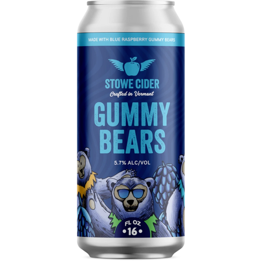 Stowe Cider Gummy Bears dry cider infused with blue raspberry gummy bears, 5.7% ABV, 16 fl oz can.