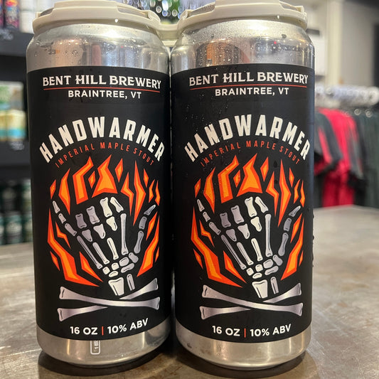 Stowe Public House & Bottle Shop: Bent Hill Brewery Handwarmer Imperial Maple Stout can with skeleton hand and flames design, 16 oz, 10% ABV.