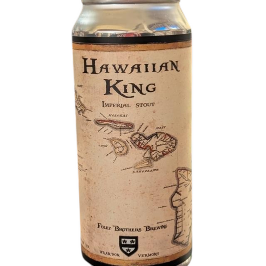 Stowe Public House & Bottle Foley Brothers Hawaiian King Imperial Stout can with cocoa nibs and coffee flavor. Features a map of Hawaii.