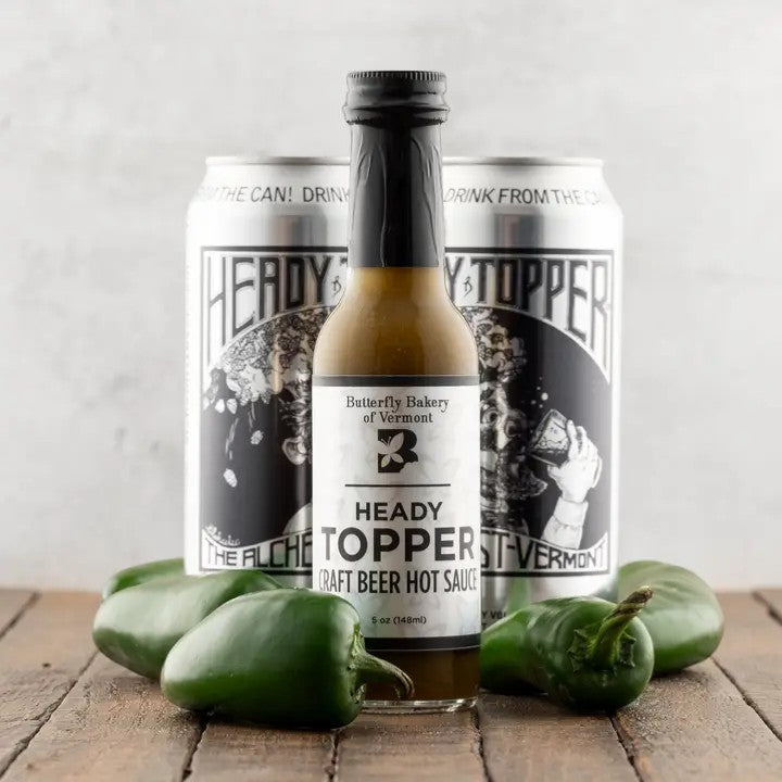 Stowe Public House & Bottle Shop Heady Topper craft beer hot sauce with jalapeños and cans.