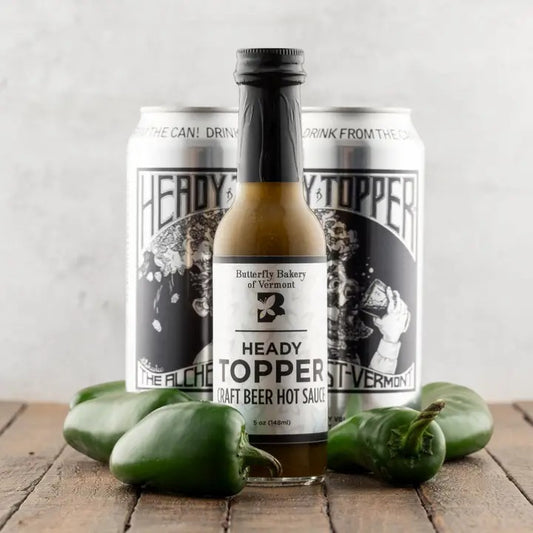 Stowe Public House & Bottle Shop Heady Topper craft beer hot sauce with jalapeños and cans.