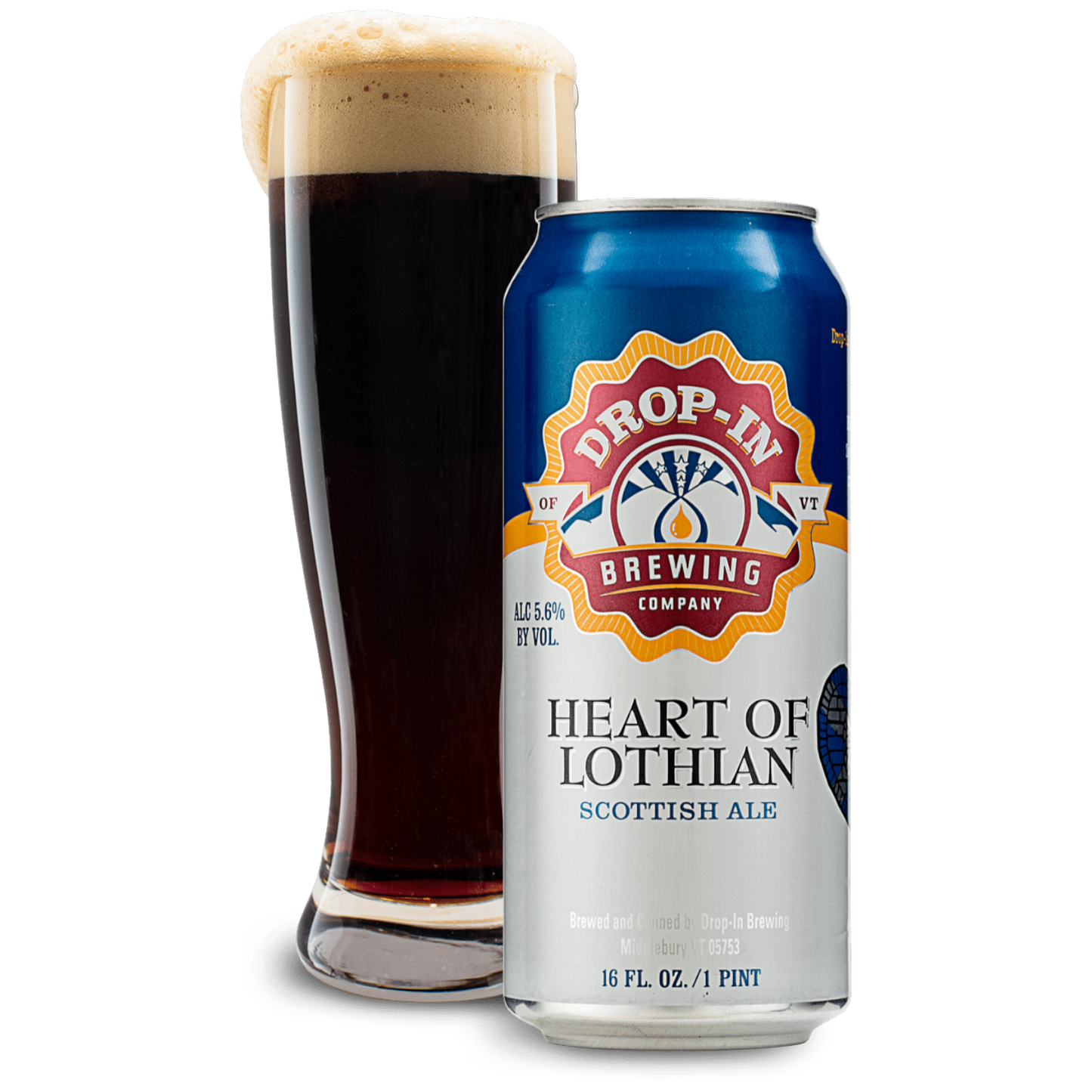 Stowe Public House & Bottle Shop Drop In Brewing Heart of Lothian Scottish Ale can and glass of dark ale with foam.