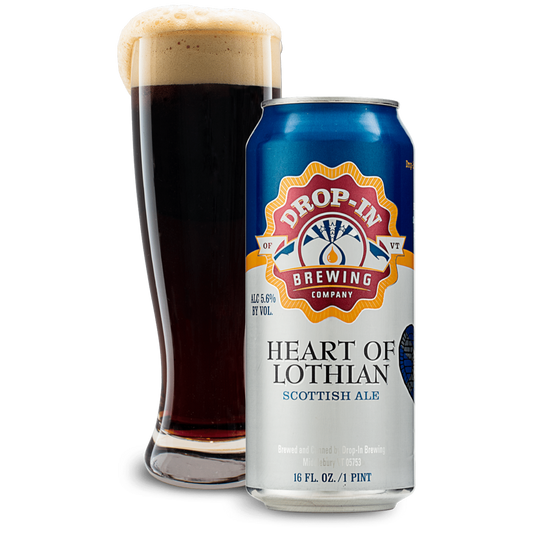Stowe Public House & Bottle Shop Drop In Brewing Heart of Lothian Scottish Ale can and glass of dark ale with foam.