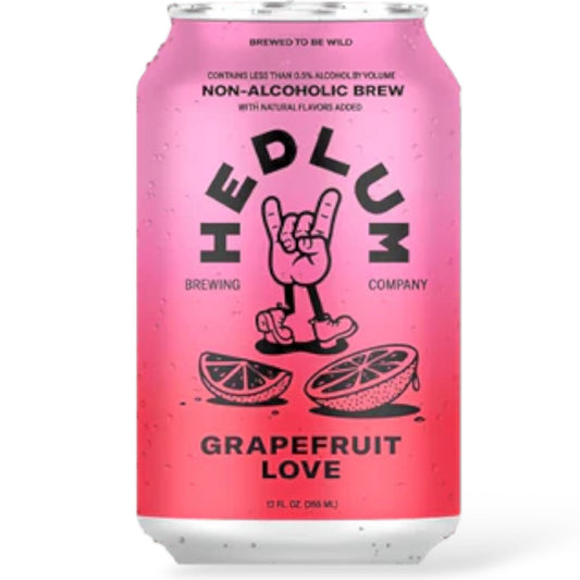 Stowe Public House & Bottle Shop Hedlum Grapefruit Love non-alcoholic brew can with grapefruit slices and cartoon hand.