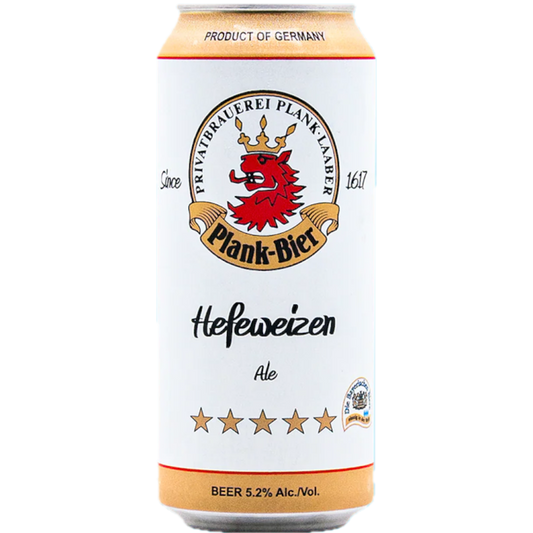Stowe Public House & Bottle Shop Brauerei Michael Plank Hefeweizen Ale can. Features a red dragon crest and "Product of Germany" text.