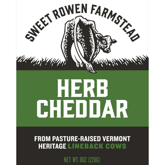 Sweet Rowen Farmstead Herb Cheddar cheese made from grass-fed Lineback cows. Savory and fragrant with a hint of pine.