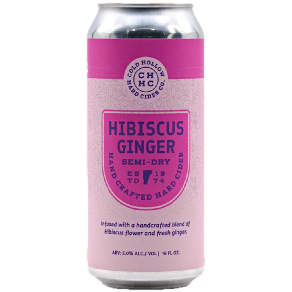 Stowe Public House Cold Hollow Hibiscus Ginger semi-dry hard cider can, infused with hibiscus flower and fresh ginger.