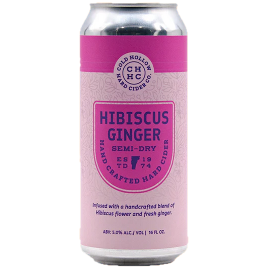 Stowe Public House Cold Hollow Hibiscus Ginger semi-dry hard cider can, infused with hibiscus flower and fresh ginger.