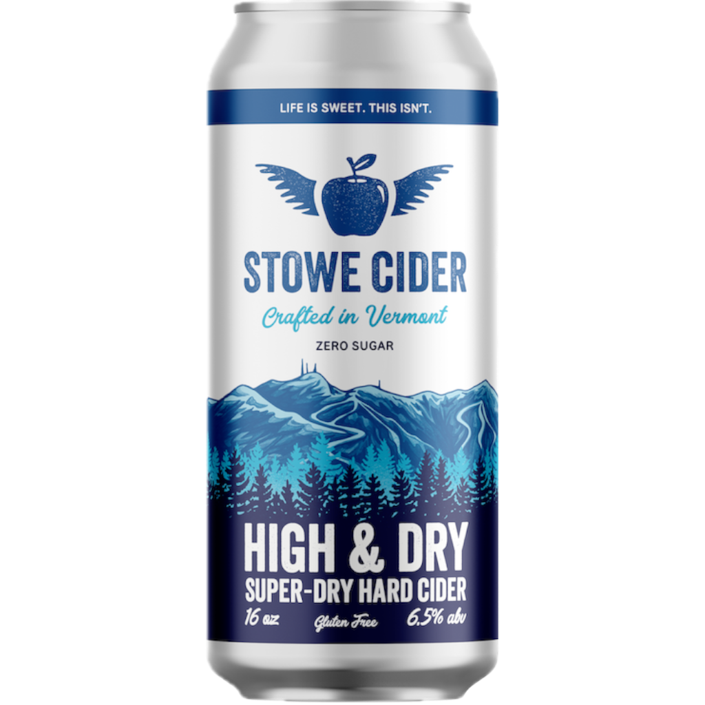 Stowe Public House & Bottle Shop High & Dry super-dry hard cider can. Apple forward, crisp, and refreshing with zero sugar.