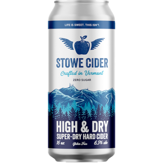 Stowe Public House & Bottle Shop High & Dry super-dry hard cider can. Apple forward, crisp, and refreshing with zero sugar.