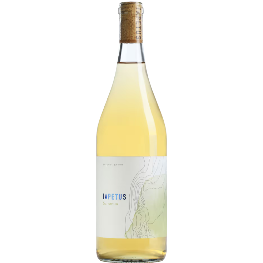 Stowe Public House & Bottle Shop Shelburne Vineyard Iapetus Substrata white wine bottle with cork closure and topographic label.