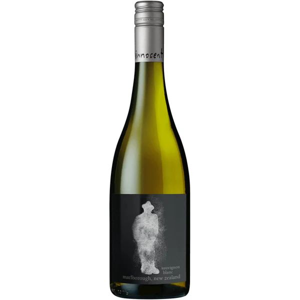 Stowe Public House & Bottle Shop Innocent Bystander Sauvignon Blanc wine bottle with a silver cap and black label featuring a silhouette.