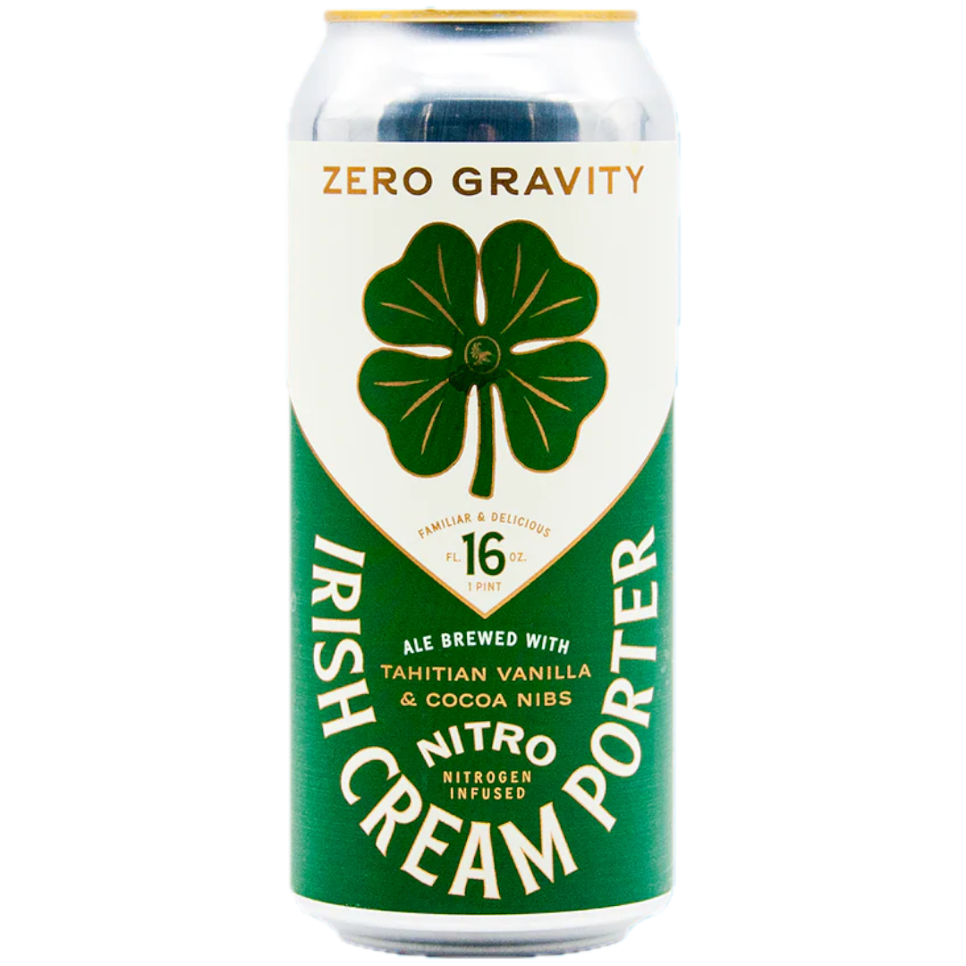 Stowe Public House & Bottle Shop Zero Gravity Irish Cream Porter ale, 16 oz can, nitro infused with vanilla and cocoa nibs.