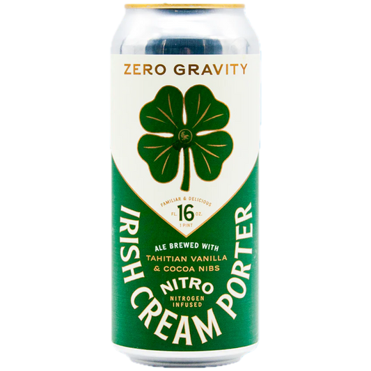 Stowe Public House & Bottle Shop Zero Gravity Irish Cream Porter ale, 16 oz can, nitro infused with vanilla and cocoa nibs.