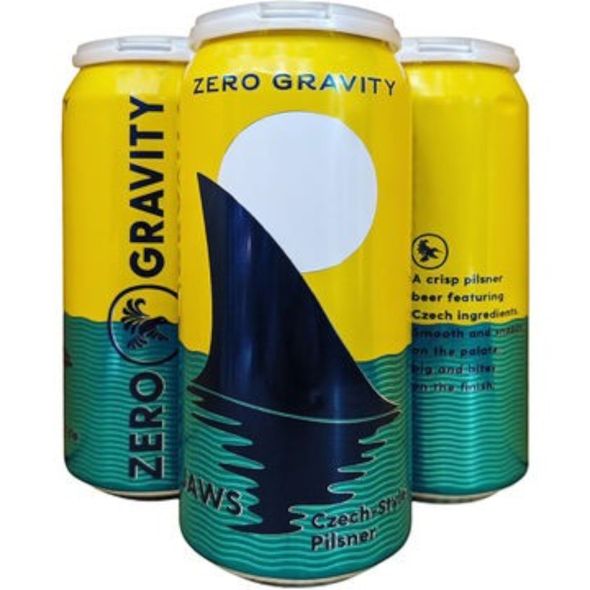 Stowe Public House & Bottle Shop Zero Gravity Jaws Czech-Style Pilsner beer can. Yellow can with shark fin graphic.