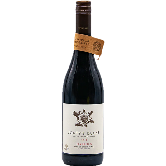 Stowe Public House & Bottle Shop Jonty's Ducks Pekin Red wine bottle. Shiraz, Cab Sauvignon & Merlot blend with blackcurrant, licorice, dark chocolate, and coffee notes.