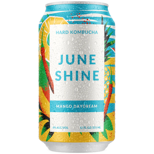 Stowe Public House & Bottle Shop June Shine Mango Daydream hard kombucha can with tropical fruit and cayenne pepper design.