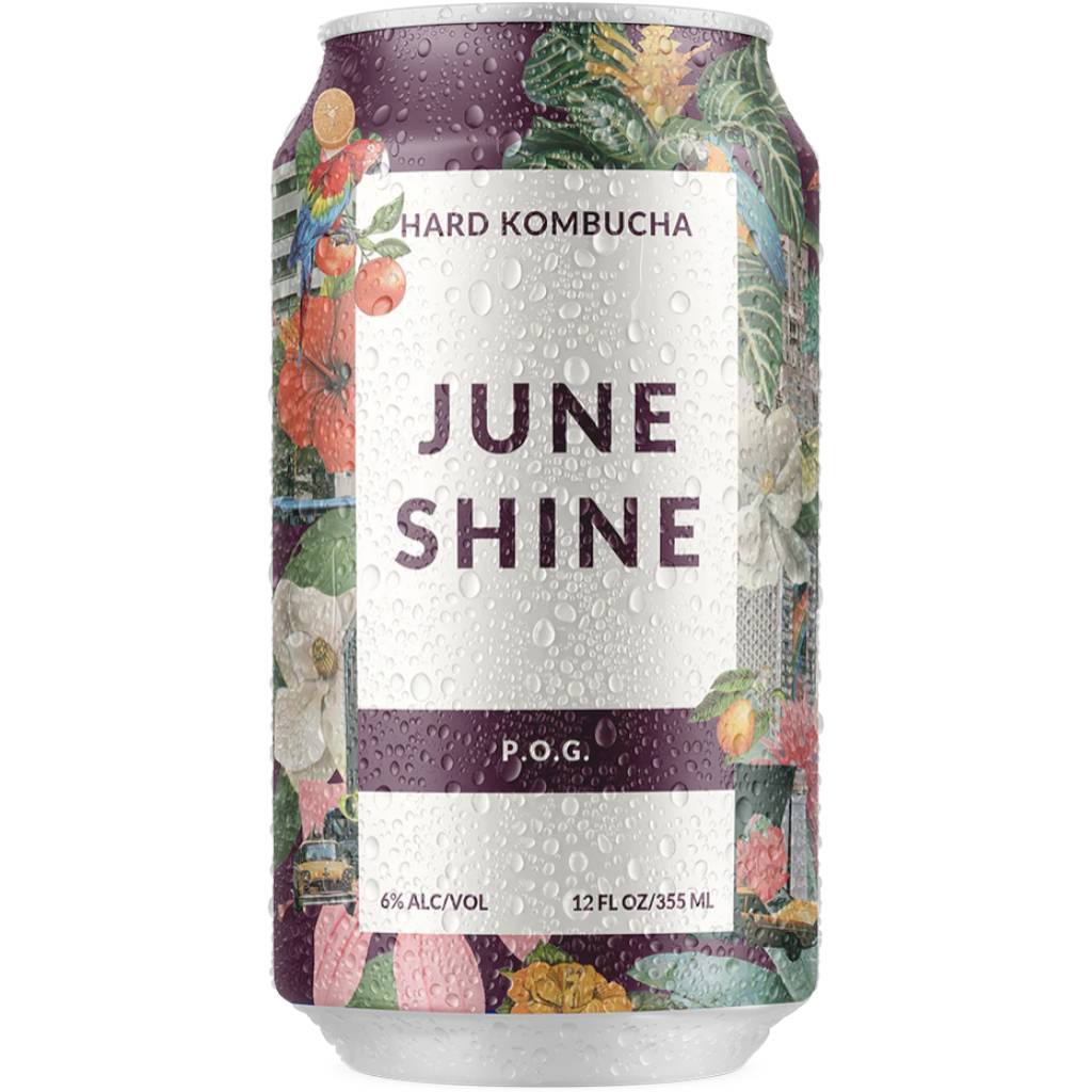 Stowe Public House & Bottle Shop JuneShine P.O.G. hard kombucha can with passion fruit, orange, and guava flavors.