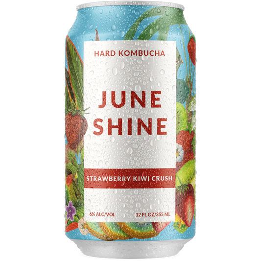 Stowe Public House & Bottle Shop June Shine Strawberry Kiwi Crush hard kombucha can with condensation. Features fruit illustrations.