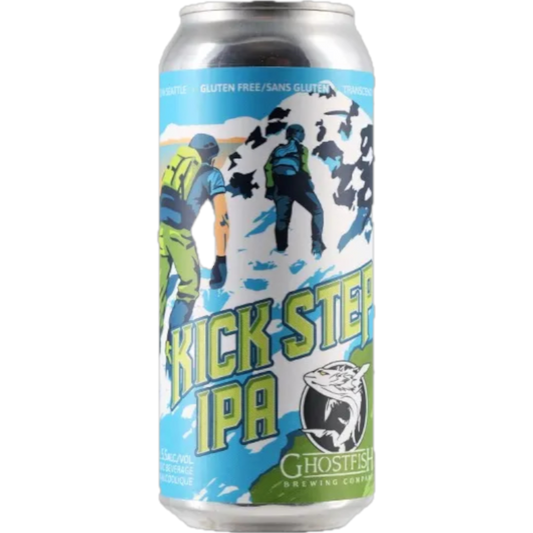 Stowe Public House & Bottle Shop Ghostfish Brewing Co. Kickstep IPA can, gluten-free, with mountain climbing graphics.