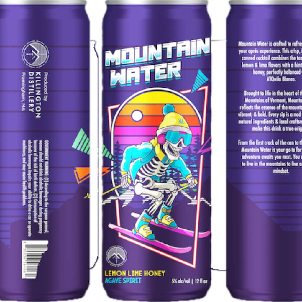 Stowe Public House & Bottle Shop Mountain Water canned cocktail with lemon lime honey agave spirit flavor, featuring a skeleton skier.