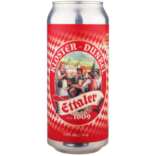 Stowe Public House & Bottle Shop: Ettaler Kloster Dunkel beer can with traditional Bavarian scene and red diamond pattern. 5.0% Alc. / Vol.