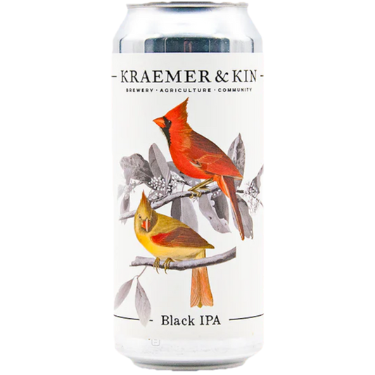 Stowe Public House & Bottle Shop Kraemer & Kin Black IPA can with two cardinals on a branch.