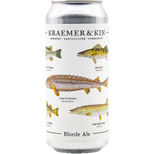 Stowe Public House & Bottle Shop Kraemer & Kin Blonde Ale can featuring illustrations of various fish: Largemouth Bass, Walleye, Lake Sturgeon, Yellow Perch, and Northern Pike.