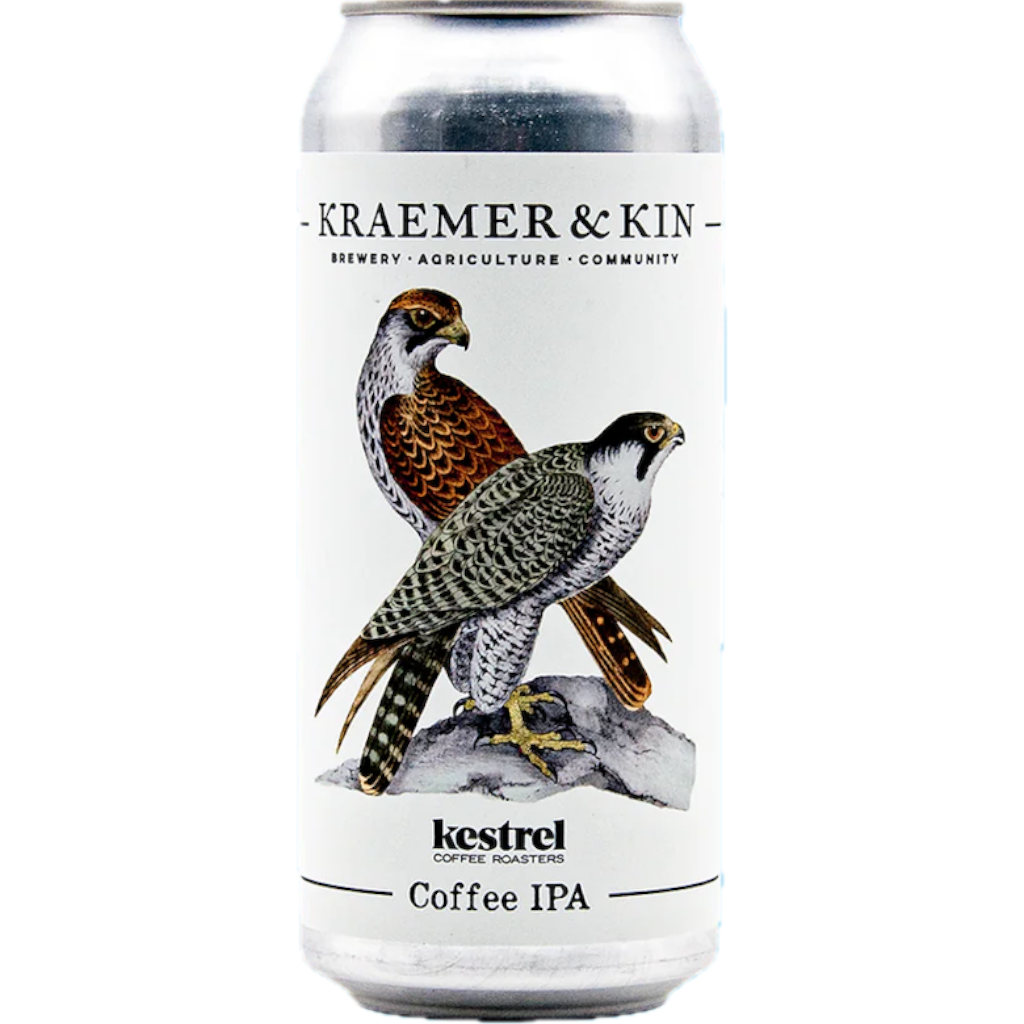 Stowe Public House & Bottle Shop Kraemer & Kin Coffee IPA can with two falcons and Kestrel Coffee Roasters logo.