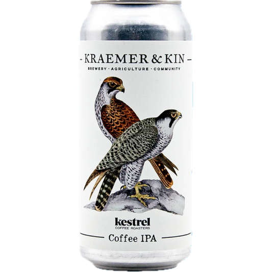 Stowe Public House & Bottle Shop Kraemer & Kin Coffee IPA can with two falcons and Kestrel Coffee Roasters logo.