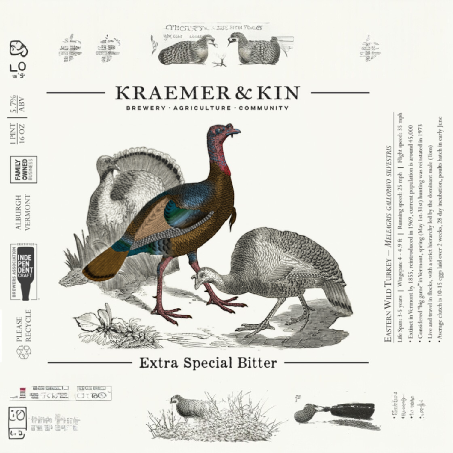 Stowe Public House & Bottle Shop Kraemer & Kin ESB beer label with two turkeys and text.