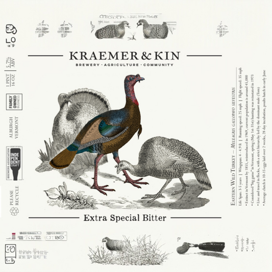 Stowe Public House & Bottle Shop Kraemer & Kin ESB beer label with two turkeys and text.