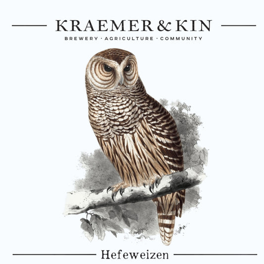 Stowe Public House & Bottle Shop Kraemer & Kin Hefeweizen beer label featuring a Northern Barred Owl illustration. 5.2% ABV.