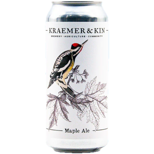 Stowe Public House & Bottle Shop Kraemer & Kin Maple Ale can with a yellow-bellied sapsucker on a branch with maple leaves.