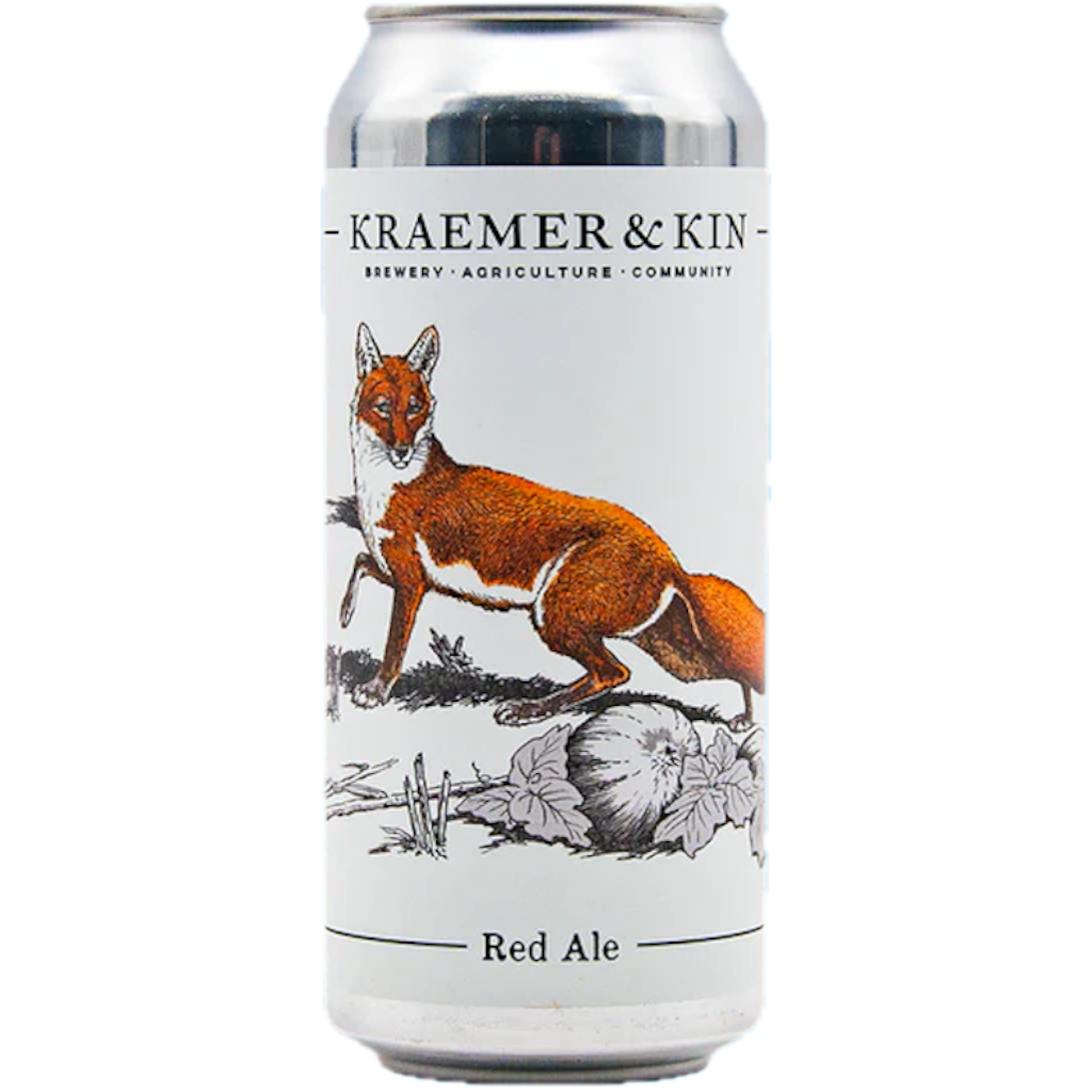 Stowe Public House & Bottle Shop Kraemer & Kin Red Ale can with a fox illustration and pumpkin.
