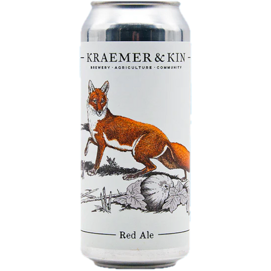 Stowe Public House & Bottle Shop Kraemer & Kin Red Ale can with a fox illustration and pumpkin.
