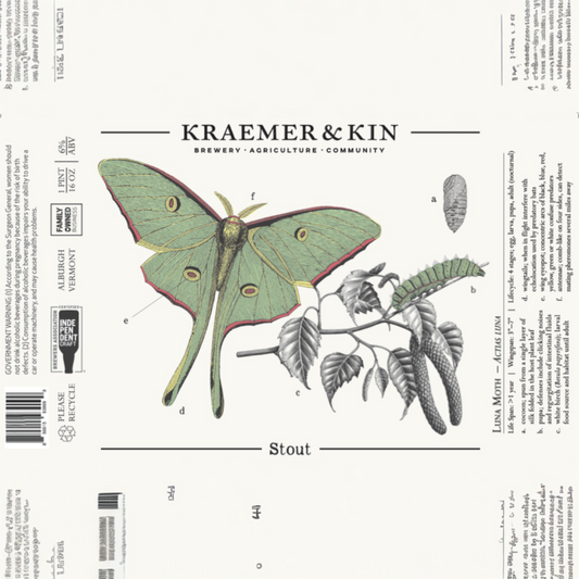 Stowe Public House & Bottle Shop Kraemer & Kin Stout beer label with a Luna Moth illustration and botanical drawings.
