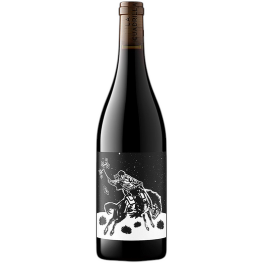 Stowe Public House & Bottle Shop presents Stolpman Vineyards La Cuadrilla Red Blend Ballard Canyon wine bottle with a black label featuring a cowboy on a horse.
