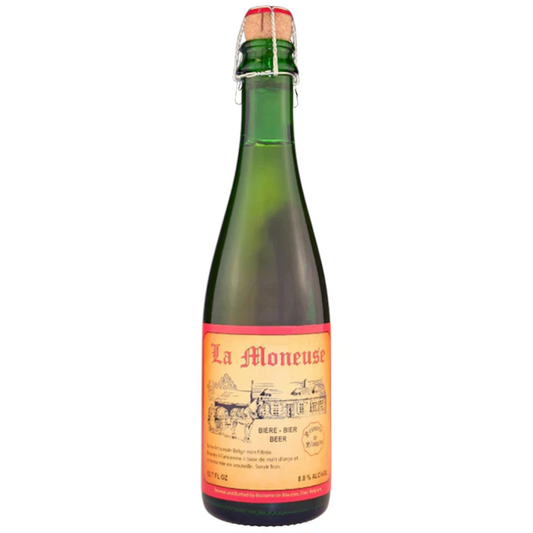 Stowe Public House & Bottle Shop: Brasserie de Blaugies La Moneuse Belgian Saison beer in a green glass bottle with a cork and wire closure.