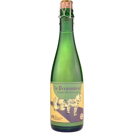 Stowe Public House & Bottle Shop: Brasserie de Blaugies La Vermontoise beer bottle, green glass, cork and wire closure, label with horse and cart illustration.