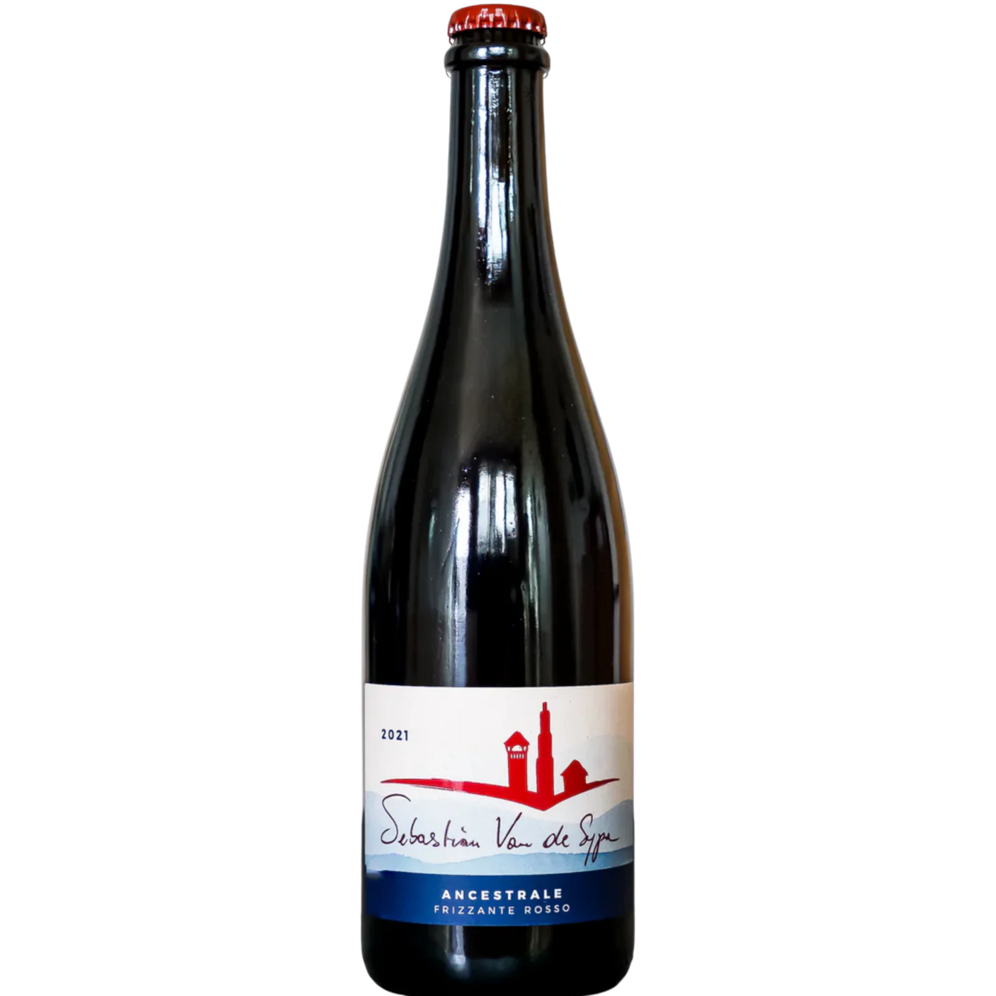 Stowe Public House & Bottle Shop: Sebastian Van de Sype Lambrusco Ancestrale Frizzante Rosso 2021 bottle with red cap and white label featuring red skyline.