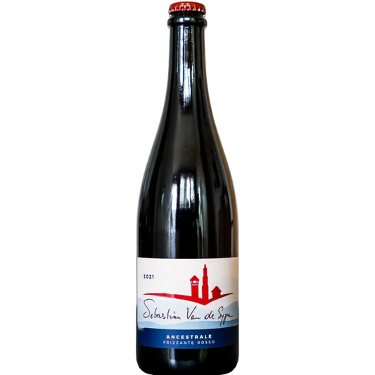 Stowe Public House & Bottle Shop: Sebastian Van de Sype Lambrusco Ancestrale Frizzante Rosso 2021 bottle with red cap and white label featuring red skyline.
