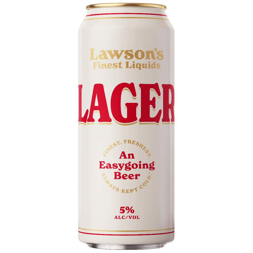 Stowe Public House & Bottle Shop Lawson's Finest Liquids Lager can, white with red and gold lettering, 5% ABV.