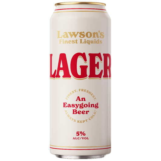 Stowe Public House & Bottle Shop Lawson's Finest Liquids Lager can, white with red and gold lettering, 5% ABV.