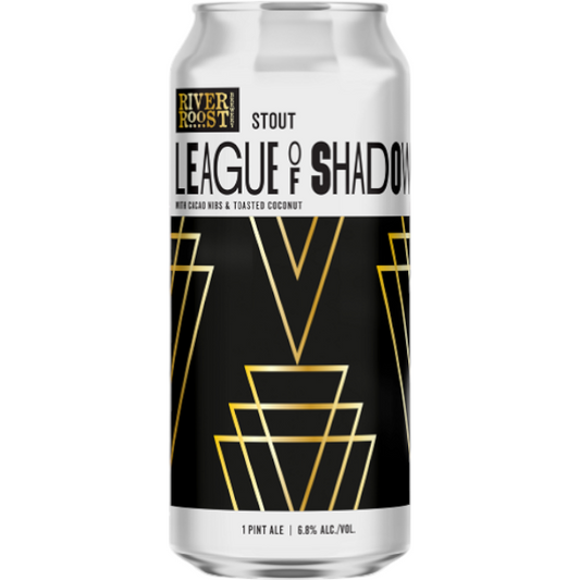 Stowe Public House & Bottle Shop River Roost League of Shadows stout with cacao nibs and toasted coconut. 1 pint ale, 6.8% ABV.